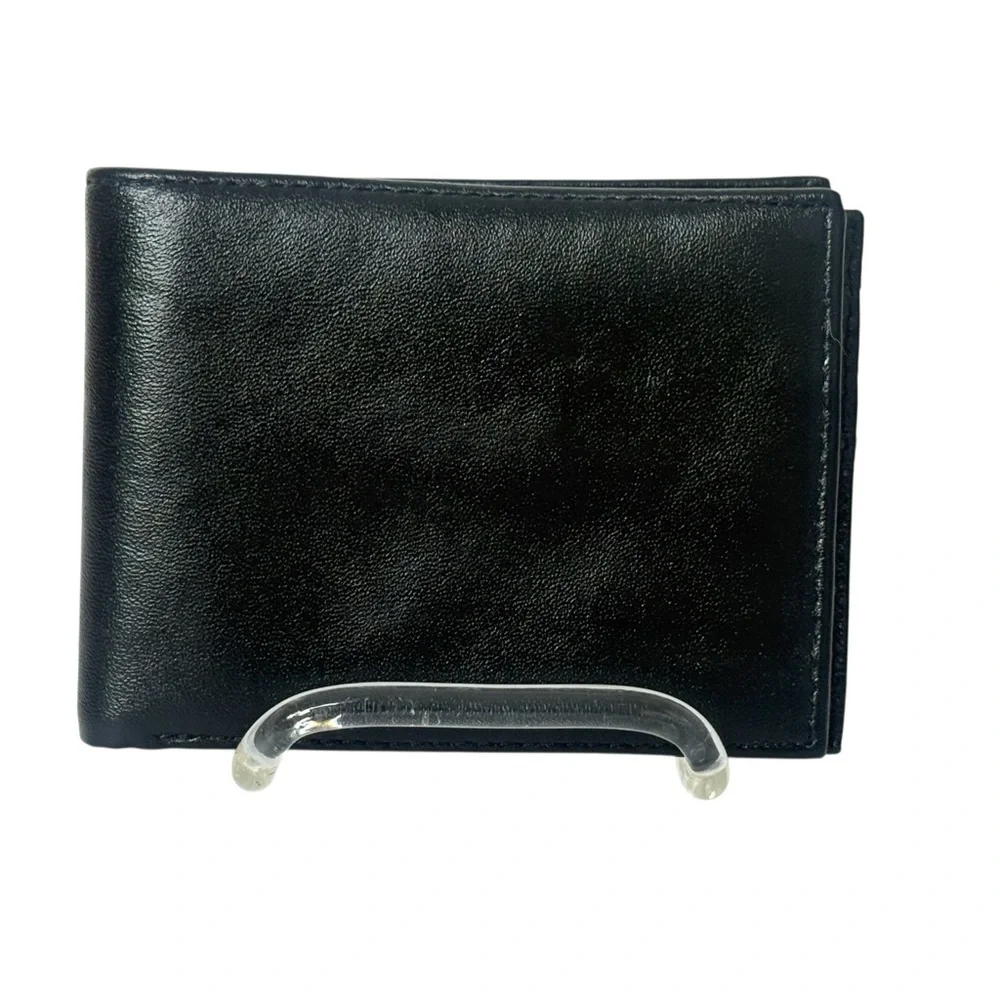 Men's Black Leather Bifold Wallet Multiple Card Slots 2 Bill Holders